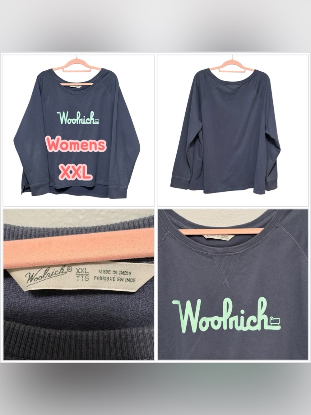 Women’s Woolrich Sweatshirt Logo Blue Teal Crewneck Drop Tail Long Sleeve Cozy